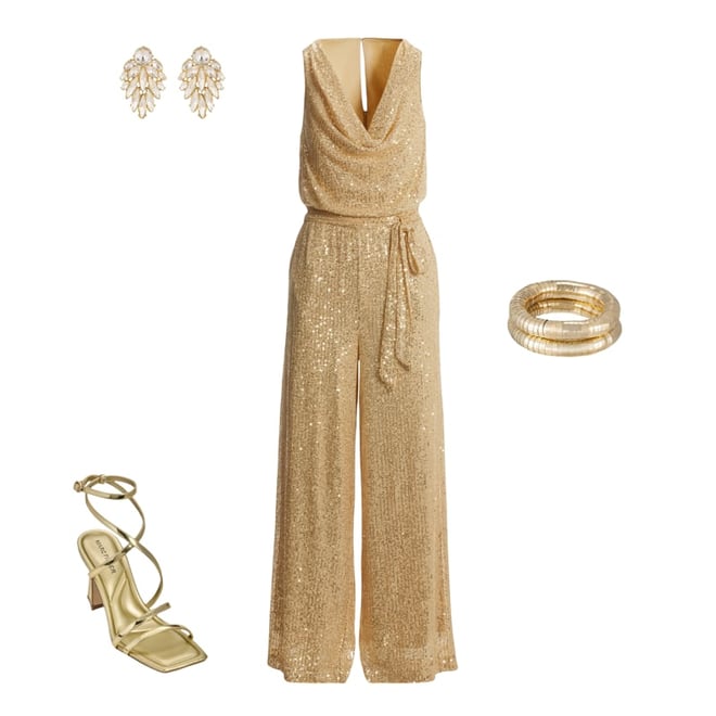 Sequin Cowl Neck Jumpsuit Gold