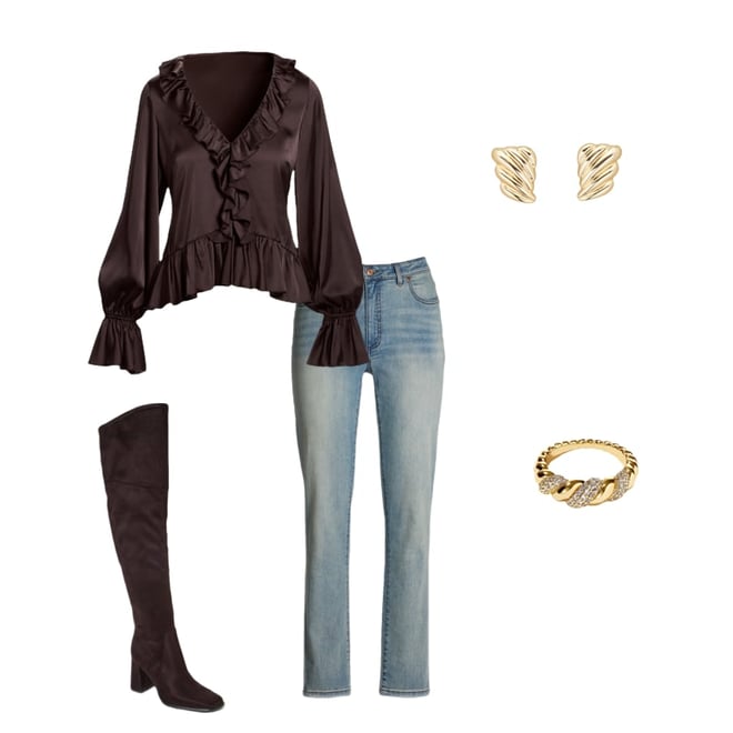 Paige Ruffle Charmeuse Blouse Chocolate Torte