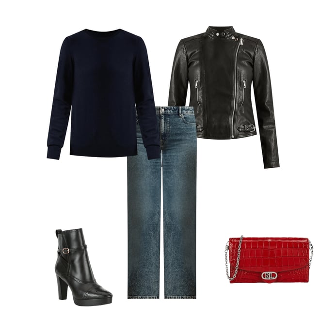 Lauren Ralph Lauren Lambskin Leather Long Sleeve Moto Statement