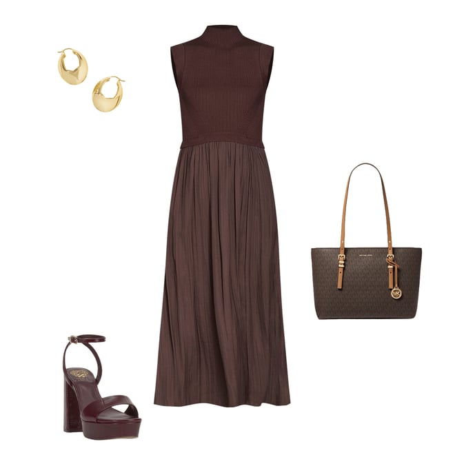 Vince Camuto Mixed Media Sweater Bodice Mock Neck Sleeveless Satin