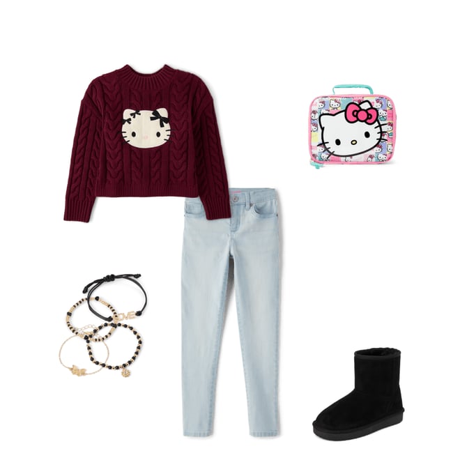 Girls Hello Kitty Applique Cable Knit Sweater - BURGUNDY