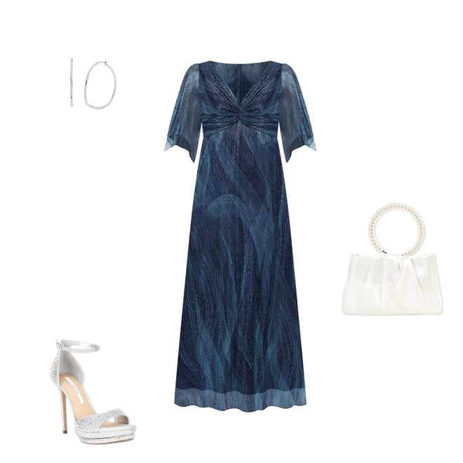 Marina Gathered V-Neck 3/4 Flutter Sleeve Metallic Mesh Gown