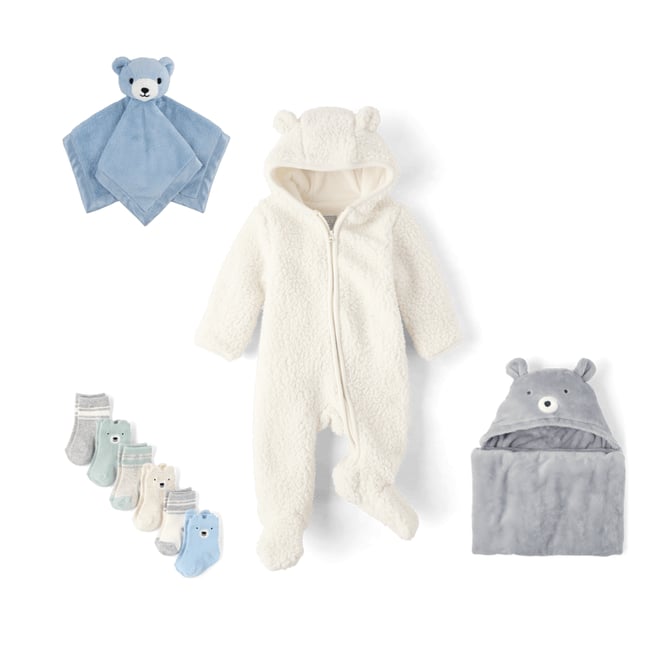 Baby Long Sleeve Bear Sherpa Microfleece Lined Bunting - WHITE