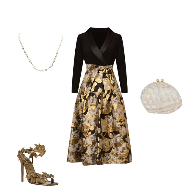 Adrianna Papell Floral Jacquard Lapel V-Neck Long Sleeve Side