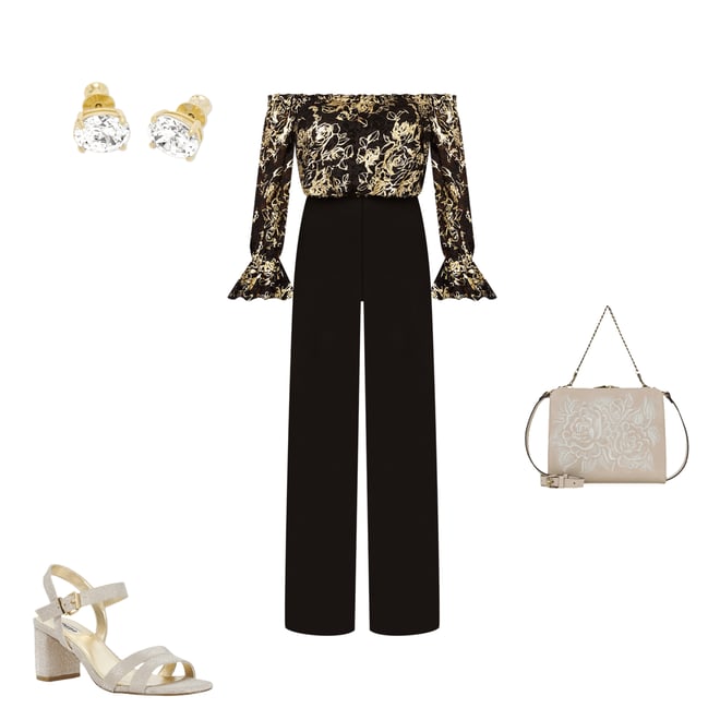Adrianna Papell Metallic Floral Lace Off-the-Shoulder Long