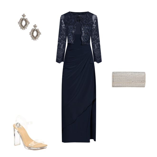 Alex Evenings Embroidered Floral Lace 2-Piece Scoop Neck 3/4 Sleeve Slit  2-Piece Jacket Dress