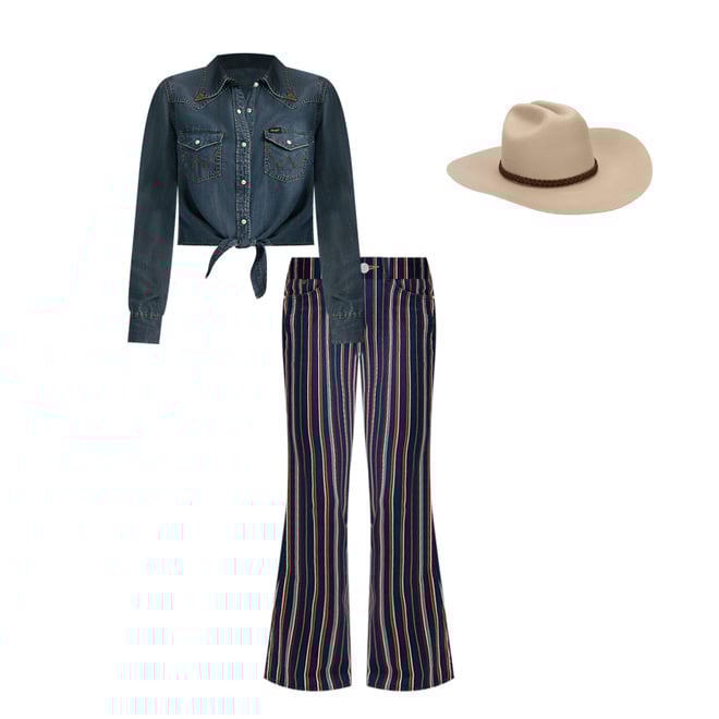 Wrangler x Lainey Wilson Striped Flare Jeans in Yarn Dye Blue