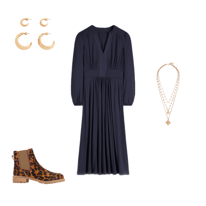 knee length dresses for ladies Lily Long Sleeve Midi Dress-Navy