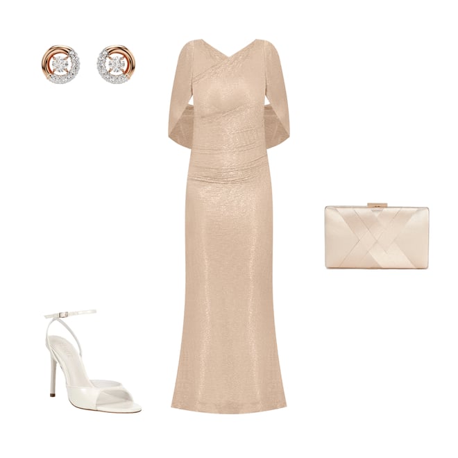 Betsy & Adam Petite Size Draped Back 3/4 Cape Sleeve Round Neck Metallic  Crinkled Ruched Sheath Gown | Dillard's