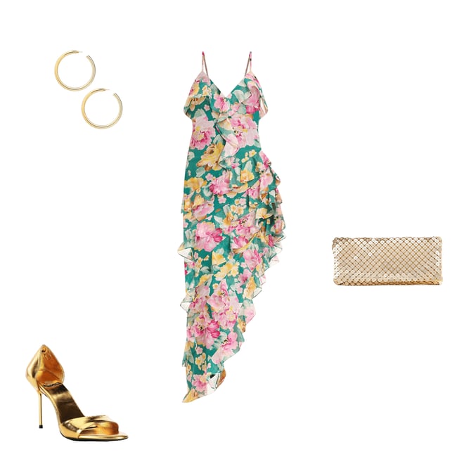 Dress the Population Josefina V-Neck Strapless Floral Print Georgette Ruffle  Asymmetrical Maxi Dress | Dillard's