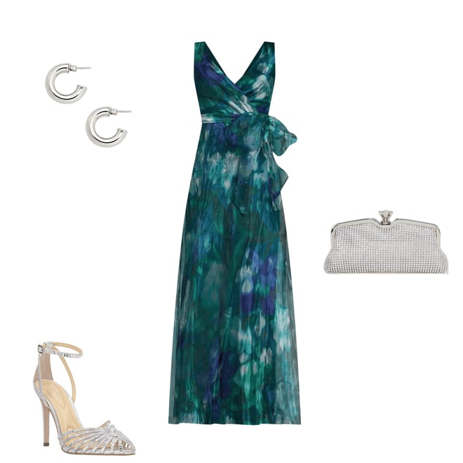 slim fit dress slacks R&M Richards Long Printed Chiffon Halter Dress W/Hankie Hemline main image 0