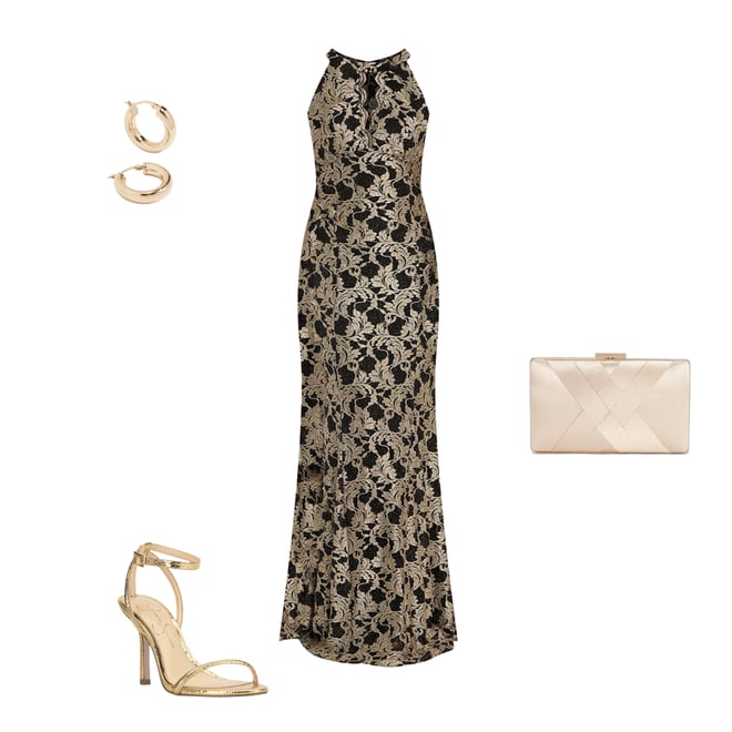 R & M Richards Sleeveless Keyhole Halter Neck Glitter Lace Long Dress