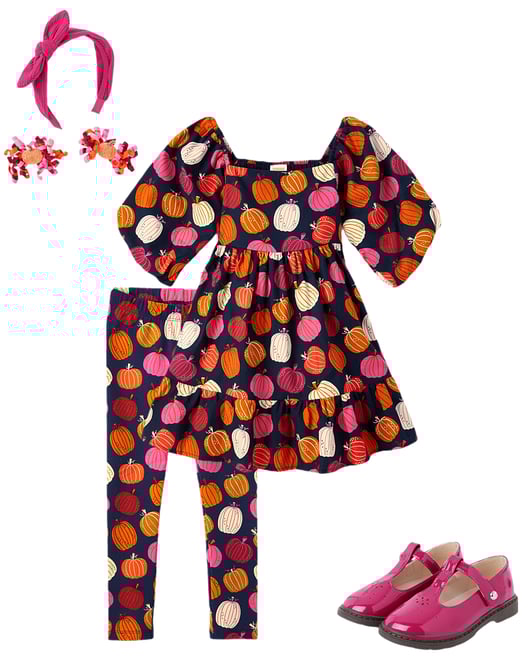 3rd bundle featuring 3 items which compliment Girls Pumpkin Flannel Ruffle Dress