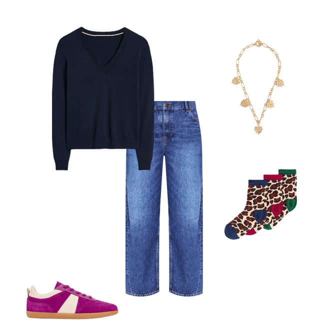 3rd bundle featuring 4 items which compliment Emilia Cotton V-Neck Jumper-Navy