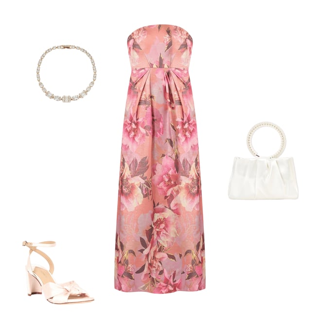 Aidan Mattox Strapless Pleated Waist Floral Printed Jacquard