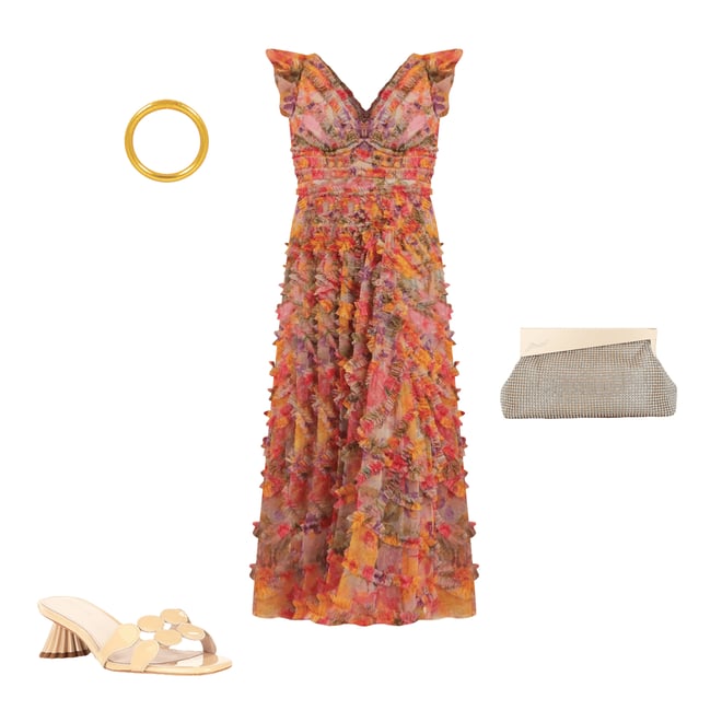 （US発）Mac Duggal クルーネック装飾Aラインドレス Multicolor Ruffle Scoop Neck Floral A-Line Dress | Mac Duggal