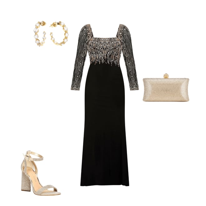 Mac Duggal Beaded Square Neck Long Illusion Sleeve Jersey