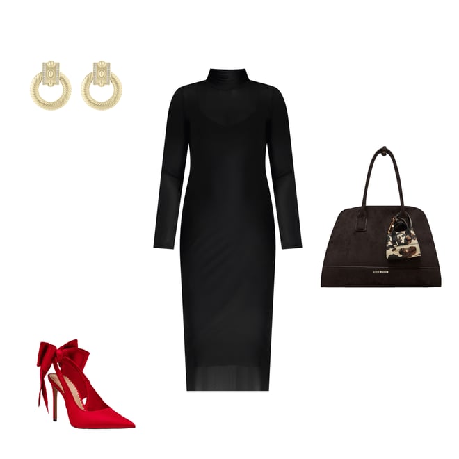 Steve maddenヴィヴィアン メッシュ ロングスリーブミディドレス Steve Madden Vivienne Mesh Turtleneck Long Sleeve Bodycon