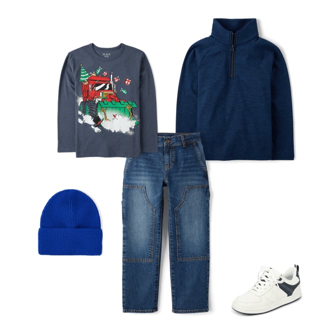 Boys Long Sleeve Christmas Snowman Truck Graphic Tee GRAY The