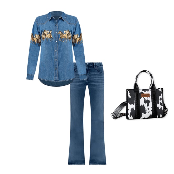 Women's Wrangler Horses Boyfriend Western Snap Shirt in Mid Denim