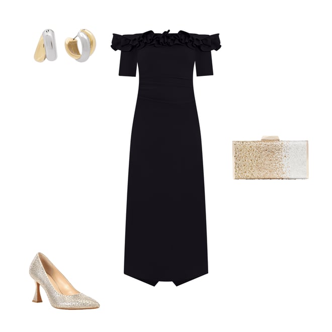 Xscape Ruffled Off-the-Shoulder Short Sleeve Crepe Sheath Gown | Dillard's