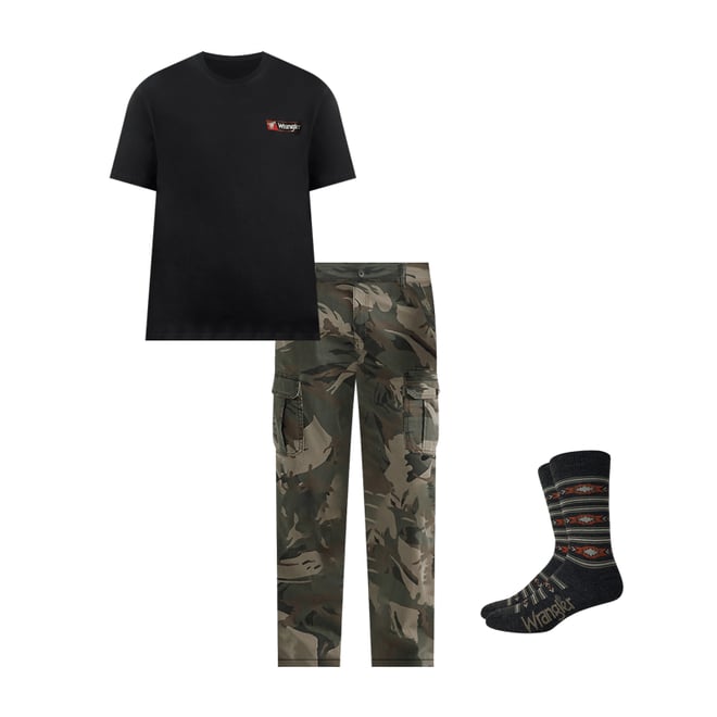 Wrangler® Men's Five Star Premium Relaxed Fit Flex Cargo Pant in Green Brown Camo