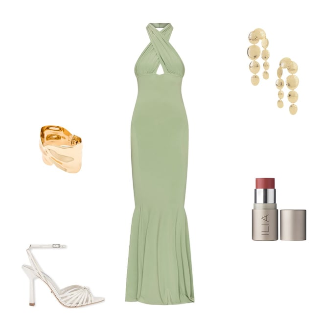 Norma Kamali Cross Halter Fishtail Gown in Vintage Green