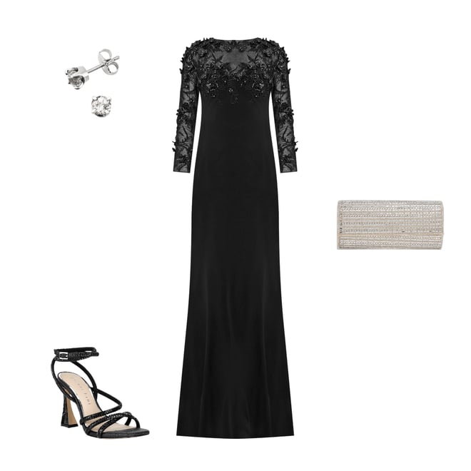 chinese dress ladies Black Long Sleeve Sheer Floral Embroidered Velvet Gown