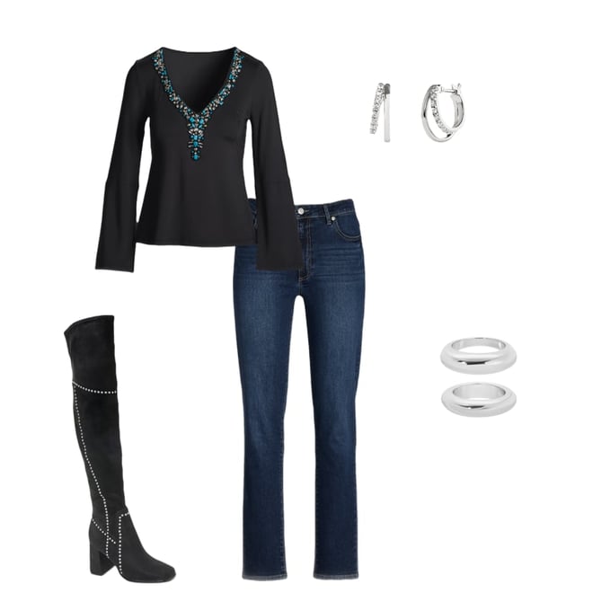 Embellished Trim V-Neck Long Sleeve Proper Black Multi