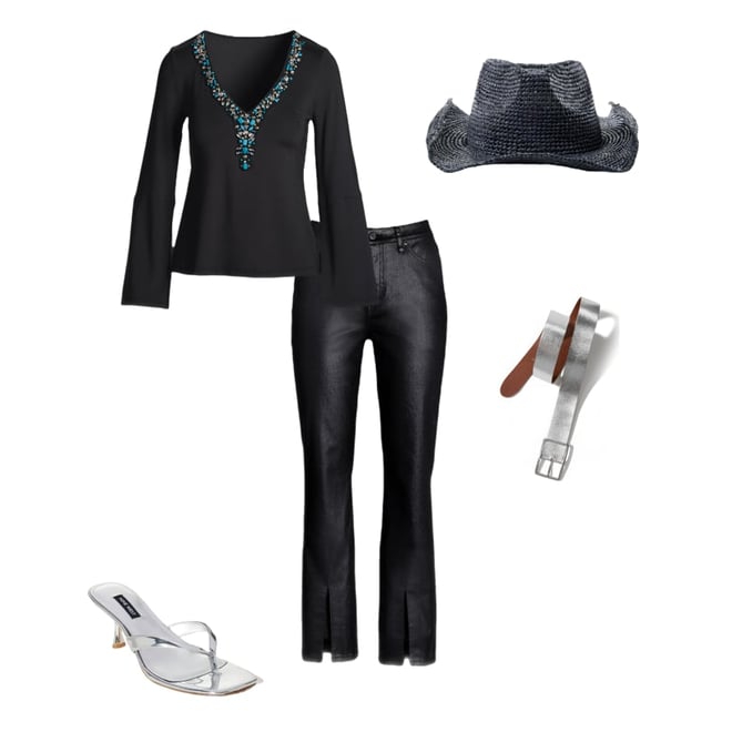 Embellished Trim V-Neck Long Sleeve Proper Black Multi