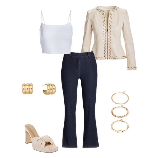 Crystal and Stud Trim Faux Leather Zip Up Peplum Jacket Bone