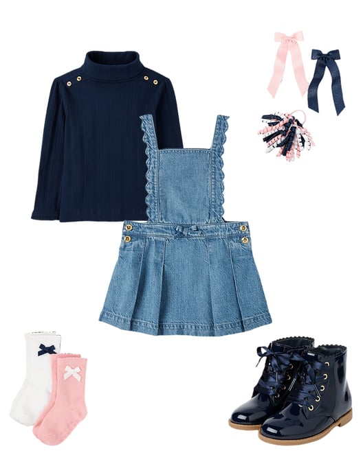 Girls Scalloped Button Denim Jumper - Campus Cuties - Blue