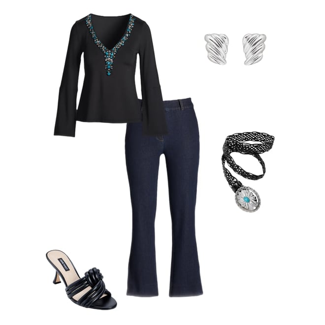 Embellished Trim V-Neck Long Sleeve Proper Black Multi