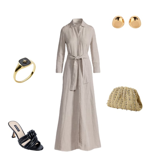 Linen Three Quarter Sleeve Maxi Shirt Dress Flax
