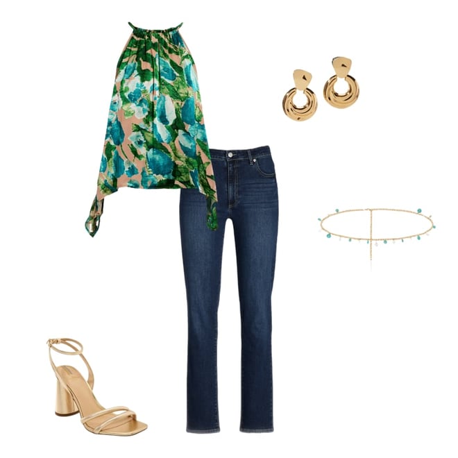 Burnout Print Halter Handkerchief Hem Blouse Blue/Green Multi