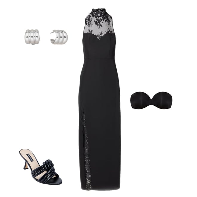 Delicate Lace Mock Neck Slit Maxi Dress Black