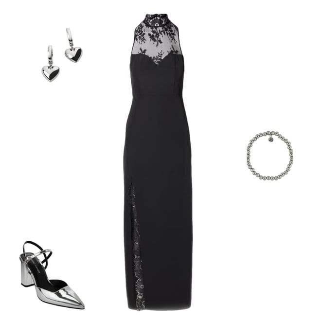 Delicate Lace Mock Neck Slit Maxi Dress Black