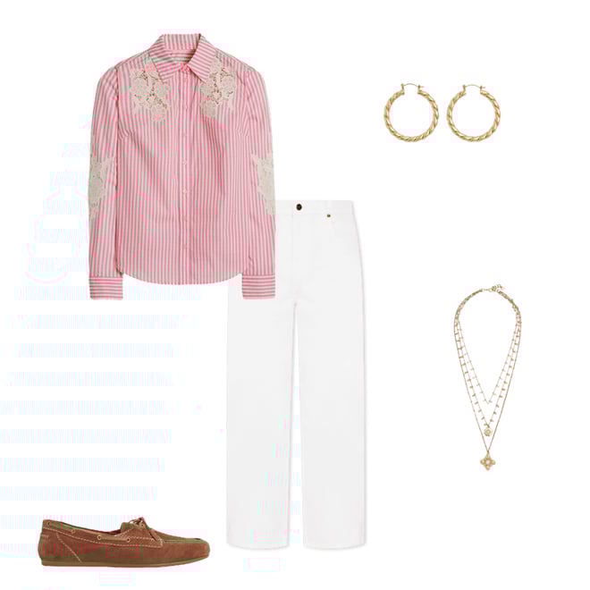 2nd bundle featuring 4 items which compliment Sienna Interest Cotton Shirt-Pink and Ivory Cutwork Stripe