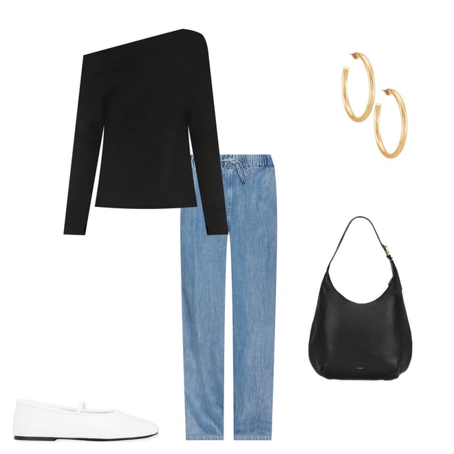 Enza Costa オフショルダー カシミア トップス ロングスリーブ Cashmere Cuffed Off Shoulder L/S | Black – Enza Costa
