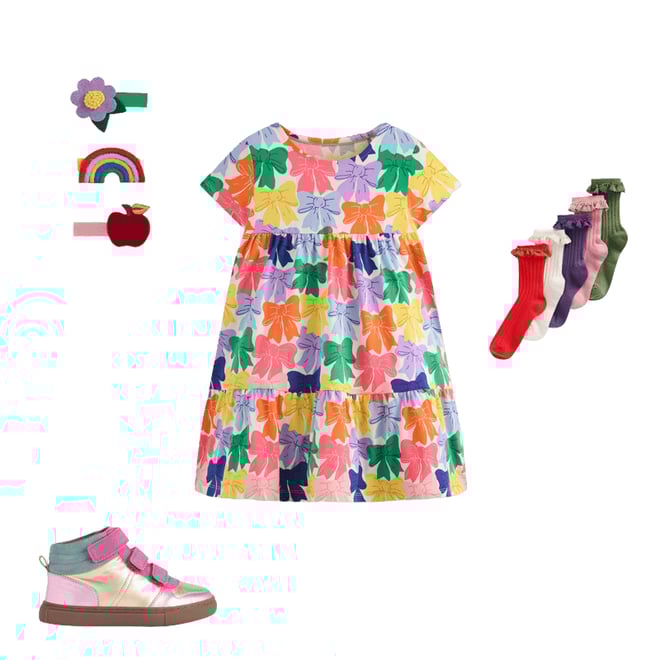 2nd bundle featuring 3 items which compliment Ariel Twirly Jersey Dress-Multi Rainbow Bows
