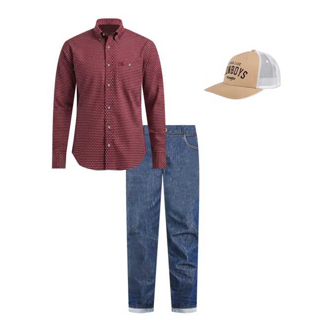 Wrangler® George Strait™ Long Sleeve Button Down One Pocket Shirt in Burgundy Dot
