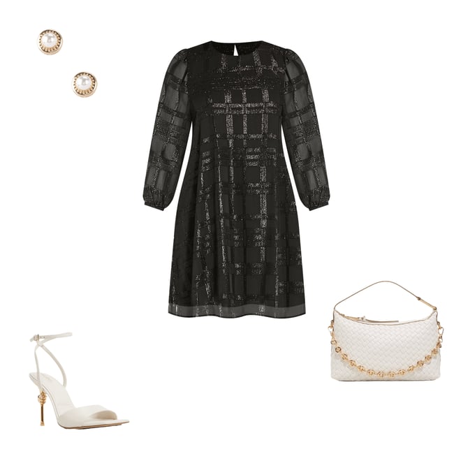 Calvin Klein Metallic Chiffon Plaid Print Crew Neck 3/4 Bubble