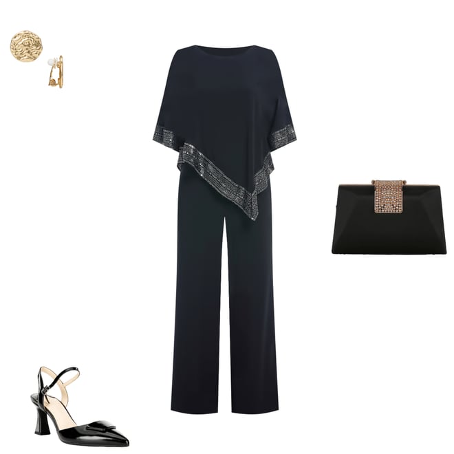 Ignite Evenings Foil Trim Boat Neck Asymmetric Cape Jumpsuit
