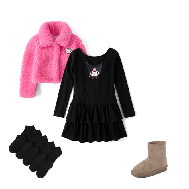 Girls Long Sleeve Hello Kitty Rhinestone Tiered Drop Waist Dress - BLACK |  The Children's Place
