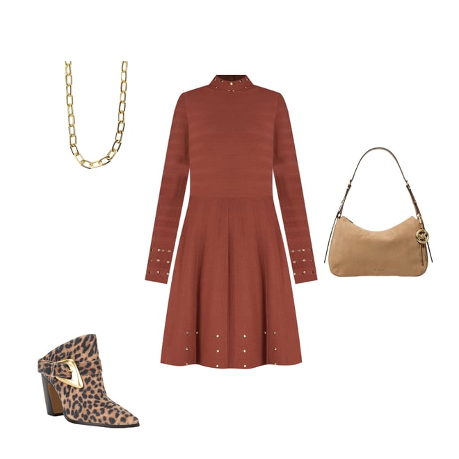 Vince Camuto Long Sleeve Mock Neck Studded Fit And Flare Dress