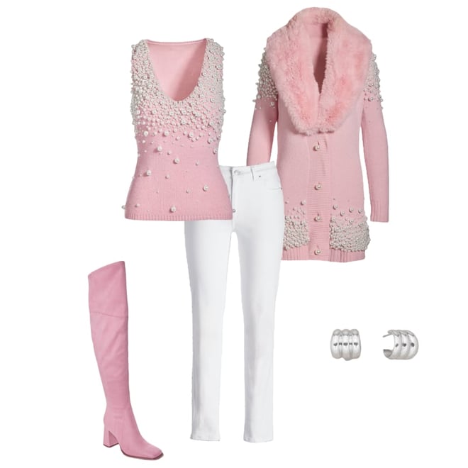 Faux Fur Collar Pearl Embellished Cardigan Sweater Soft Pink