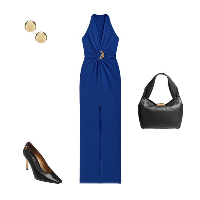 Donna Karan Satin V-Neck Sleeveless Hardware Twist Front Gown | Dillard's