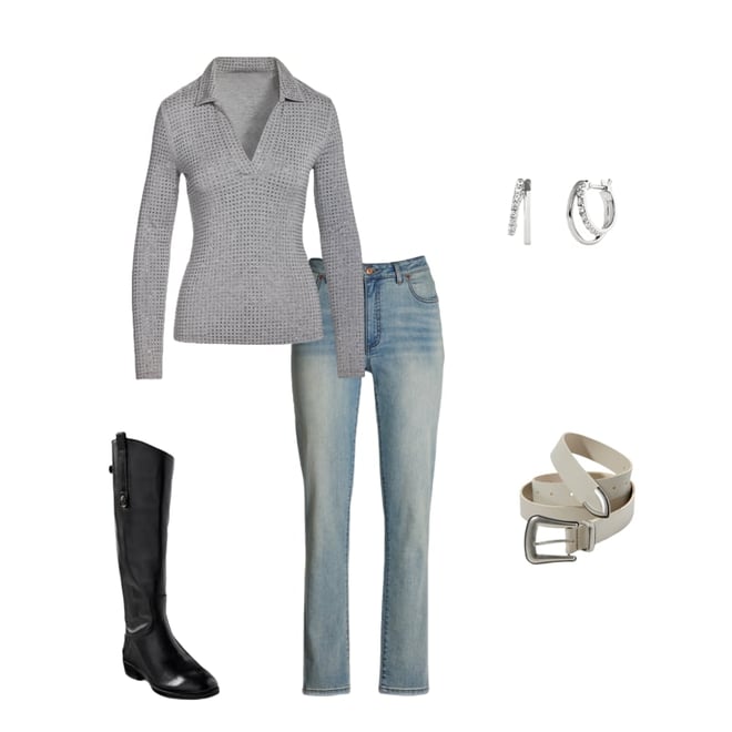 All Over Rhinestone Collared Top Heather Gray