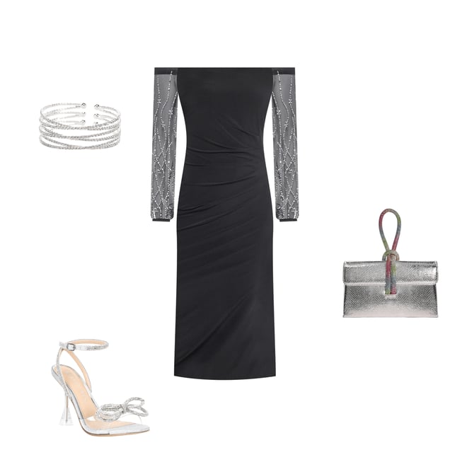Marina Off-the-Shoulder Neck Long Beaded Sleeve Side Ruched
