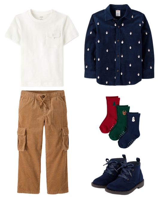 1st bundle featuring 4 items which compliment Boys Schiffli Snow Man Corduroy Button Up Shirt